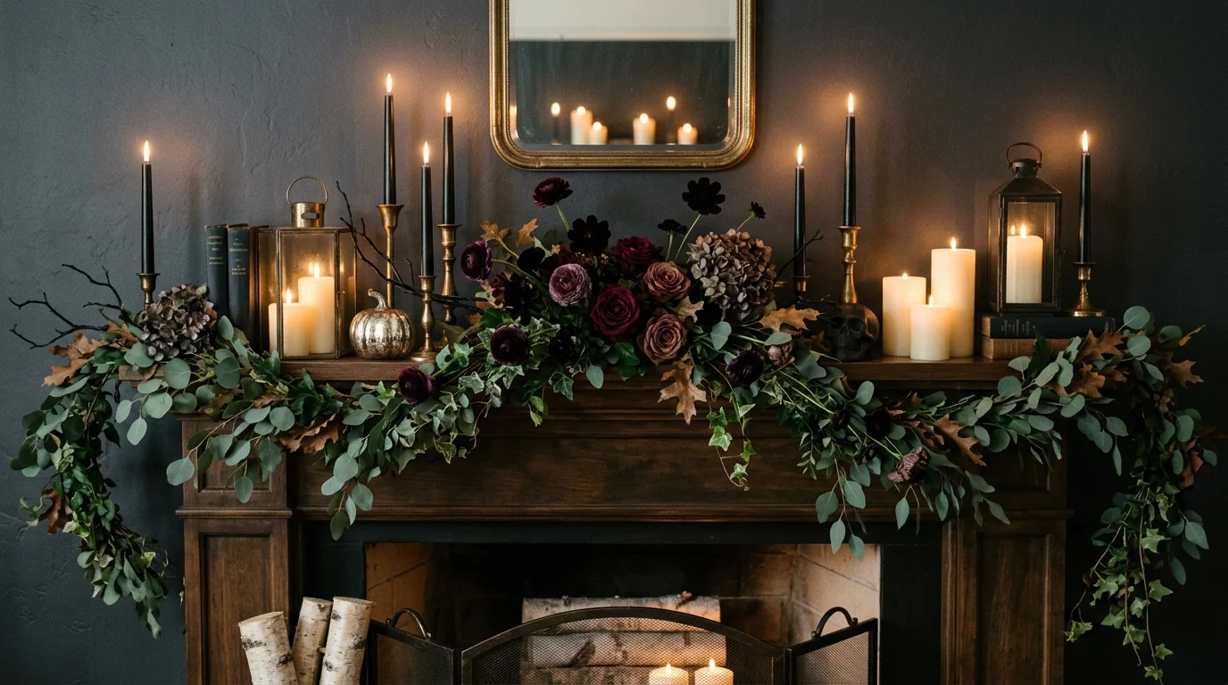 A mantel decorated with a mix of greenery dark florals and glowing candles soft lighting refined spooky seasonal display no people