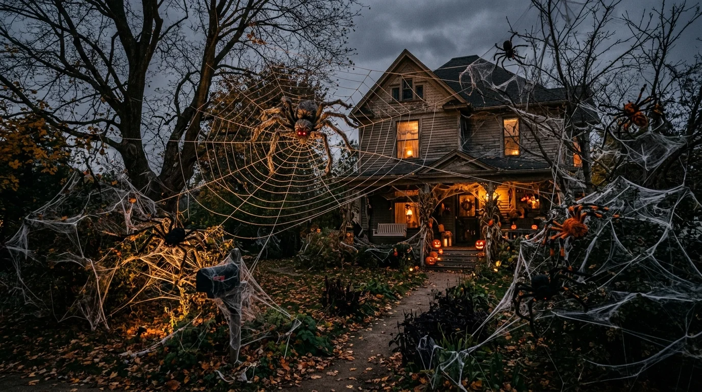A front yard with giant spider webs stretched across trees and bushes with oversized spiders dim lighting eerie Halloween display no people