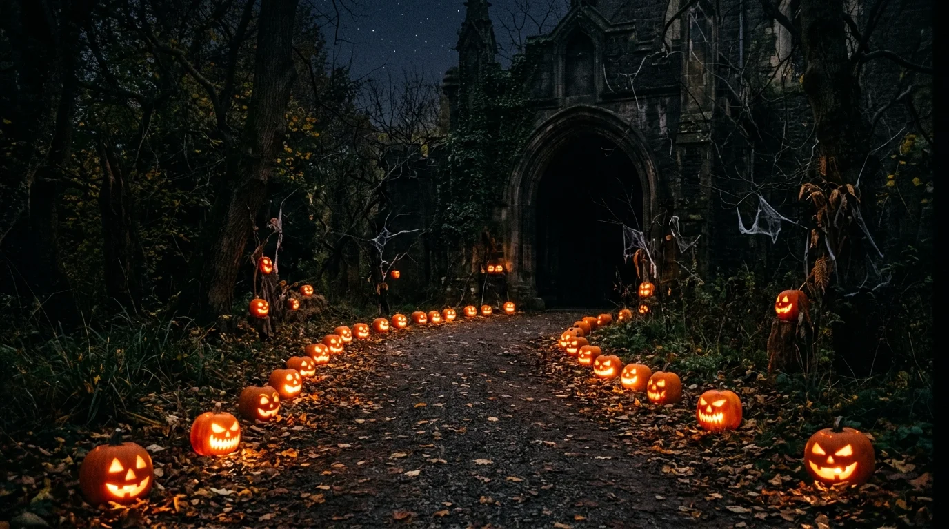 A pathway lined with glowing jack o lanterns leading to a dark entrance soft flickering lighting chilling outdoor decor no people