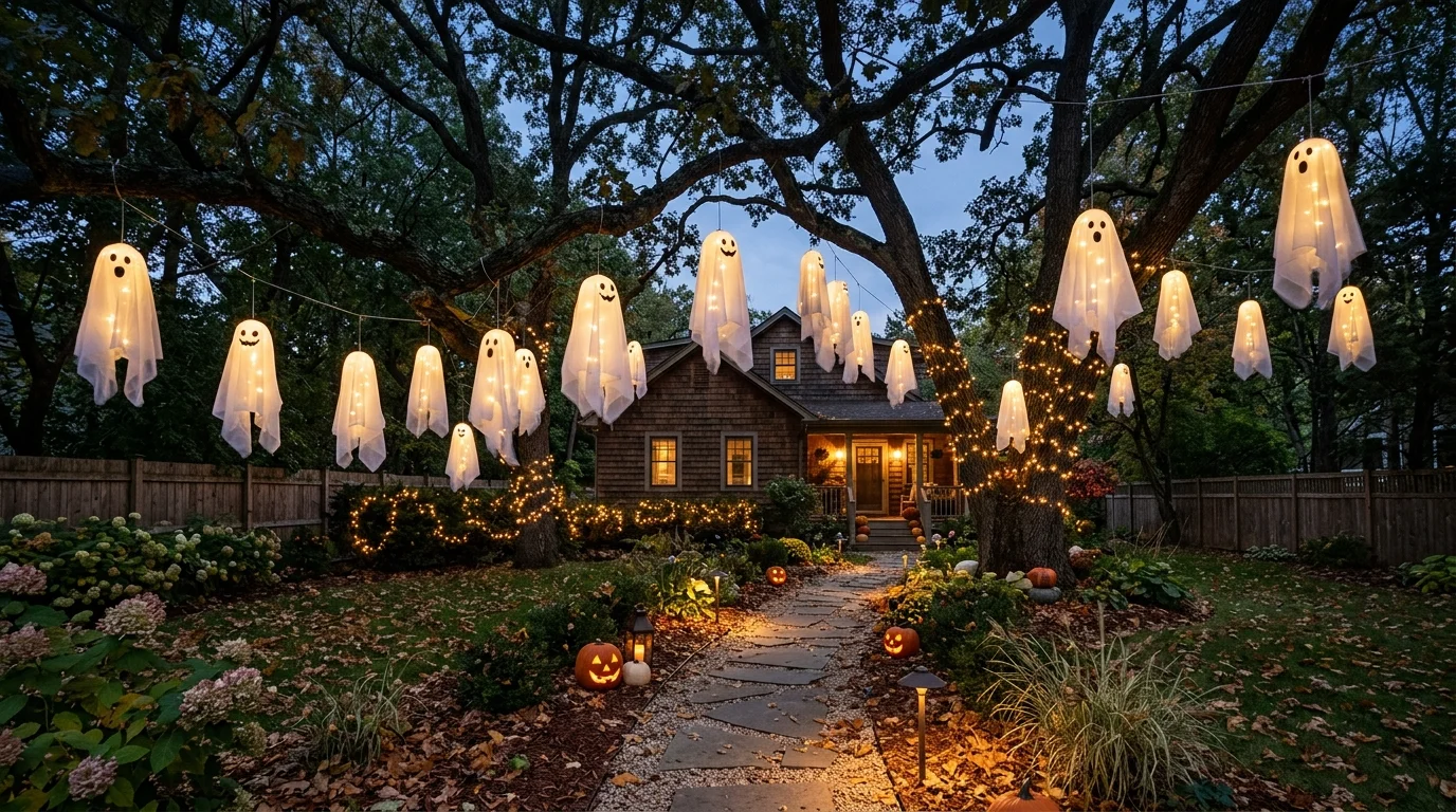 A yard with hanging ghost decorations floating from tree branches soft ambient lighting spooky whimsical atmosphere no people