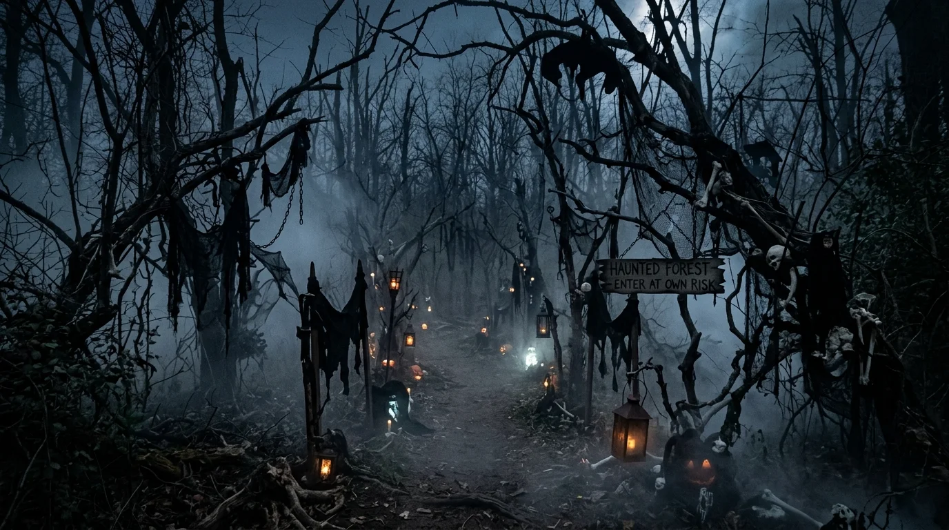 A haunted forest theme with bare branches black decor and fog machines dim lighting mysterious outdoor setup no people