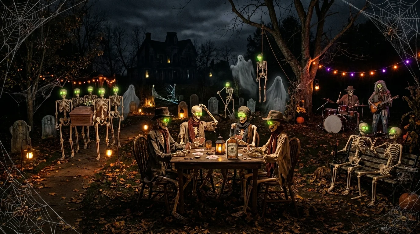 A yard with skeleton figures posed in different scenes under dim lighting dramatic frightening display no people