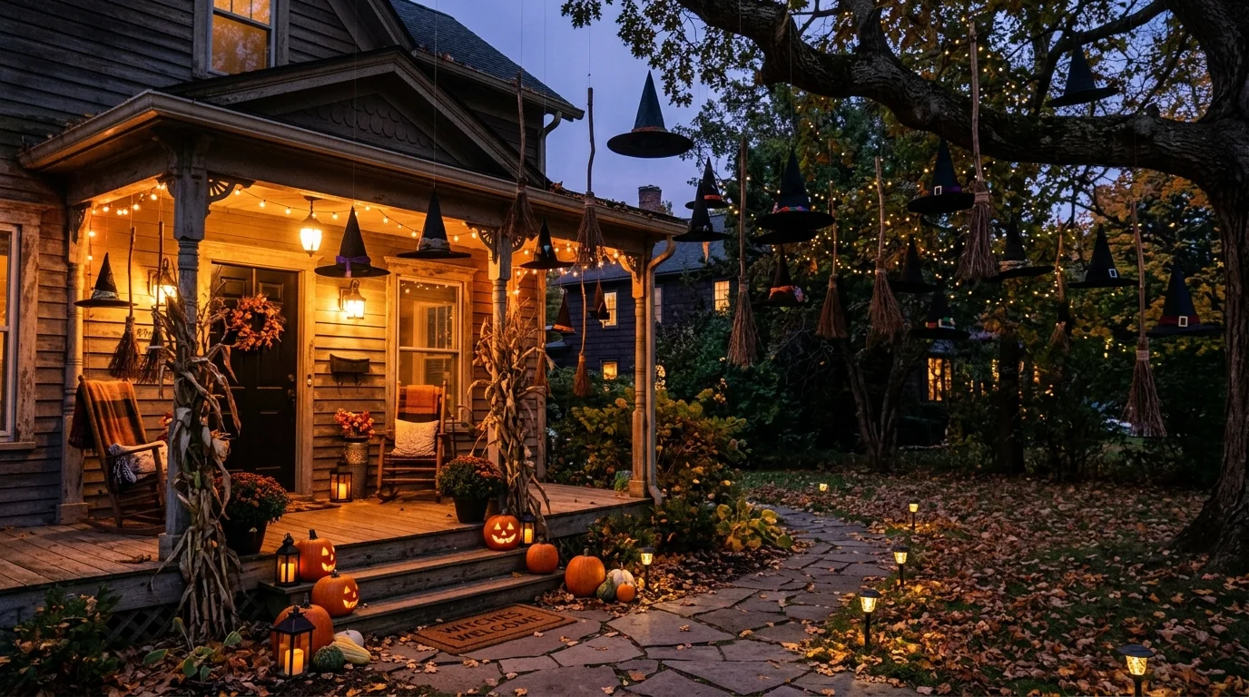 A porch and yard decorated with witch hats and broomsticks suspended in the air soft lighting magical spooky vibe no people