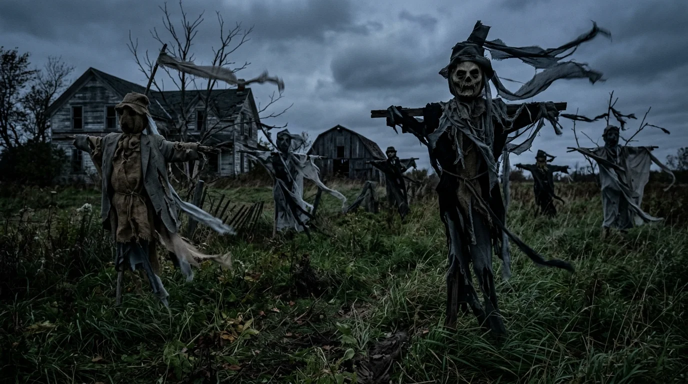 A lawn with creepy scarecrows and tattered fabric blowing in the wind dim lighting eerie abandoned feel no people