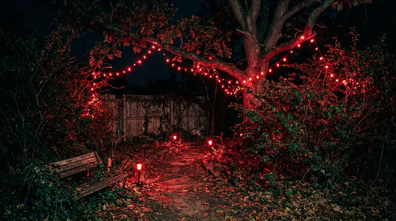 A yard with red glowing lights illuminating trees and bushes creating a horror themed ambiance no people