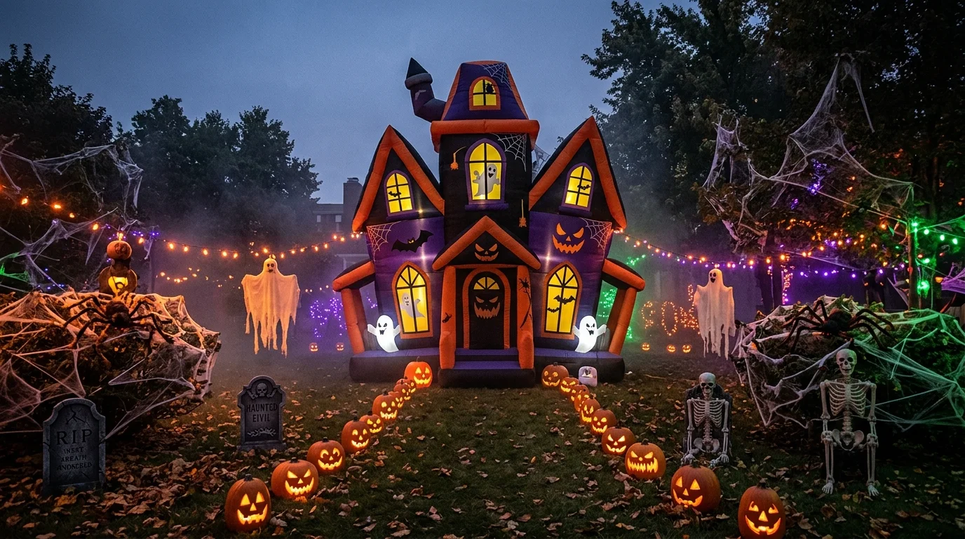 A spooky setup with a large inflatable haunted house centerpiece and themed decor bright dimmed lighting festive Halloween display no people