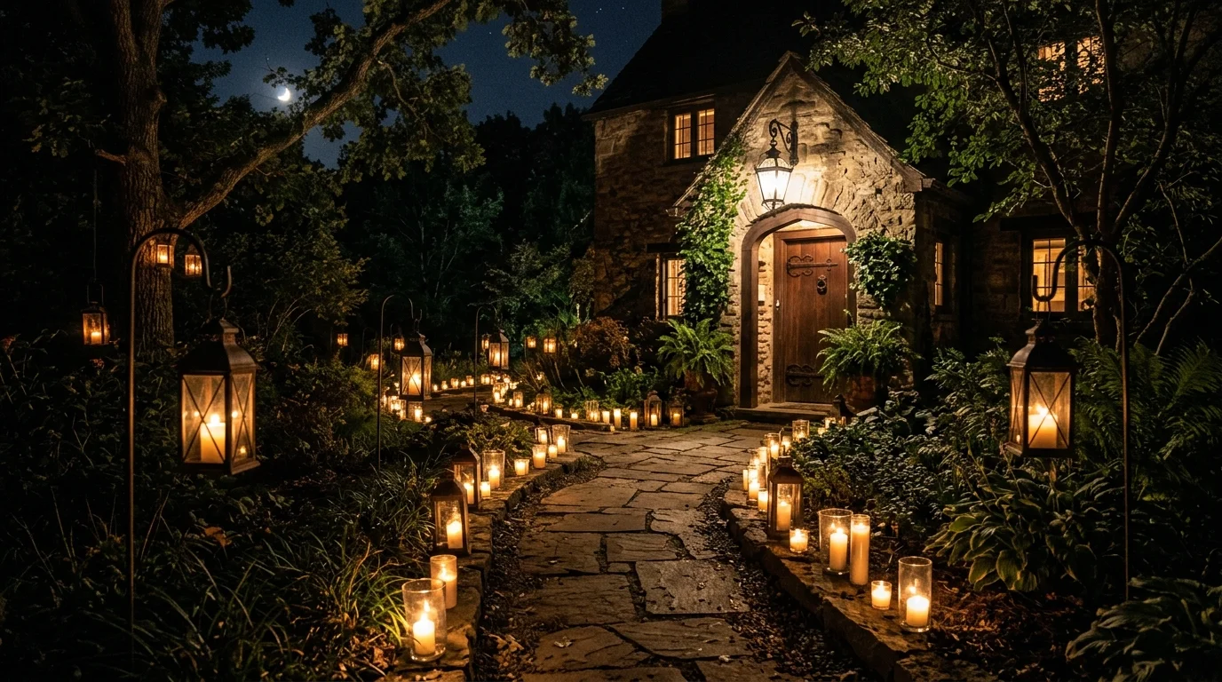 A yard with lanterns and candles placed along pathways casting flickering shadows soft lighting haunting entrance effect no people