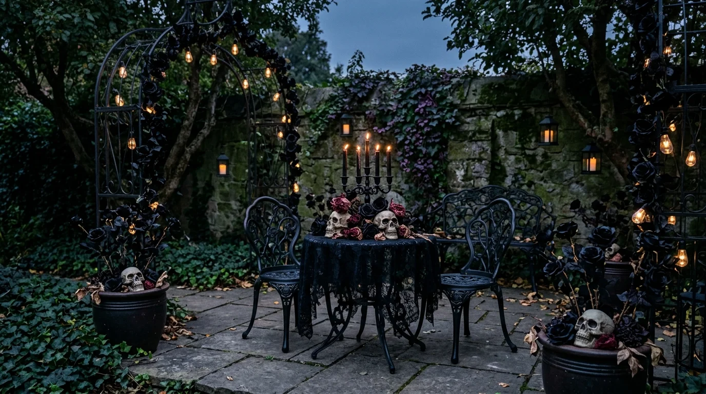 A gothic style outdoor decor with black roses skulls and dark accents dim lighting elegant haunting design no people