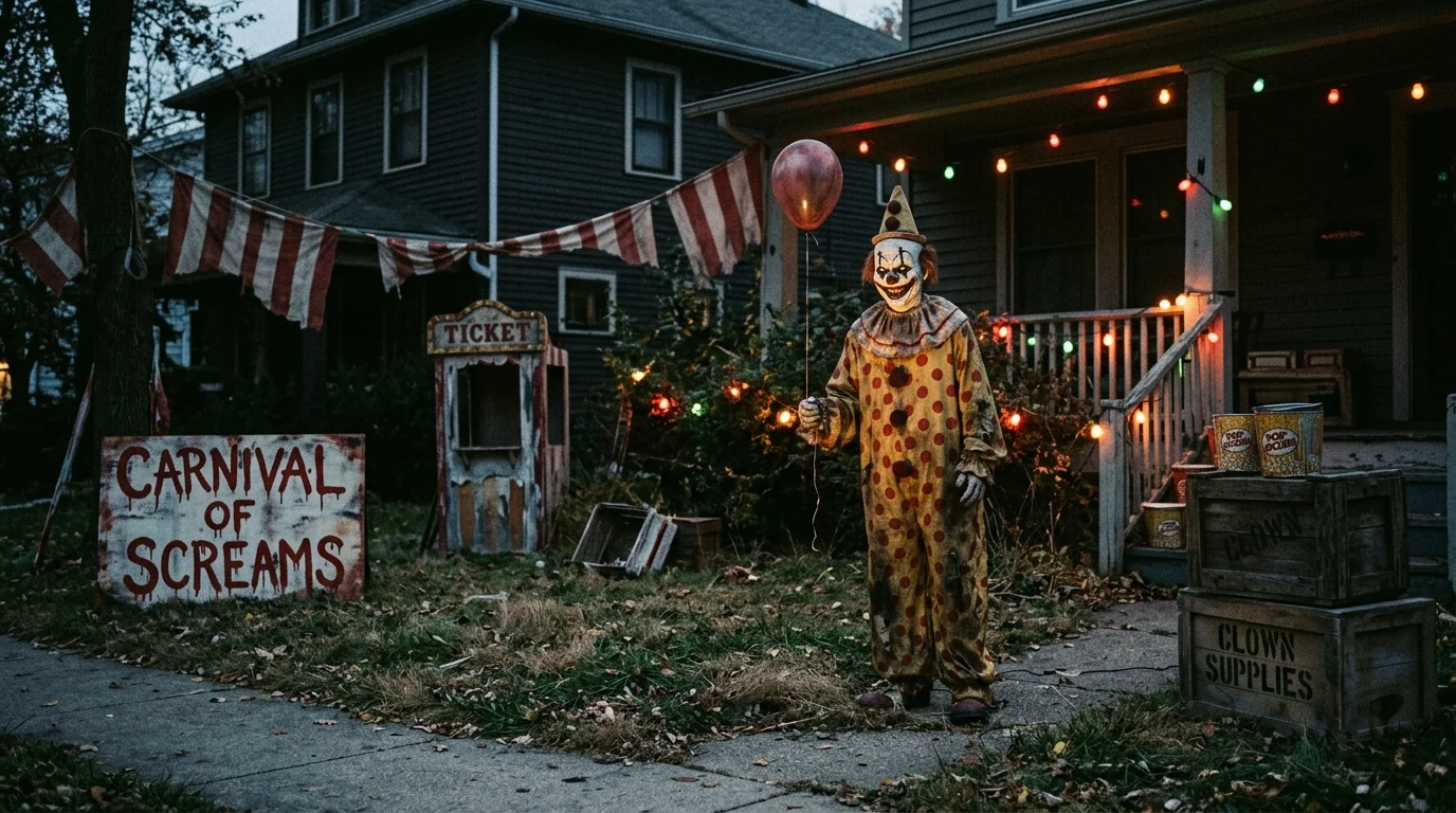 A yard with a creepy clown figure and circus themed decor dim lighting intense horror vibe no people