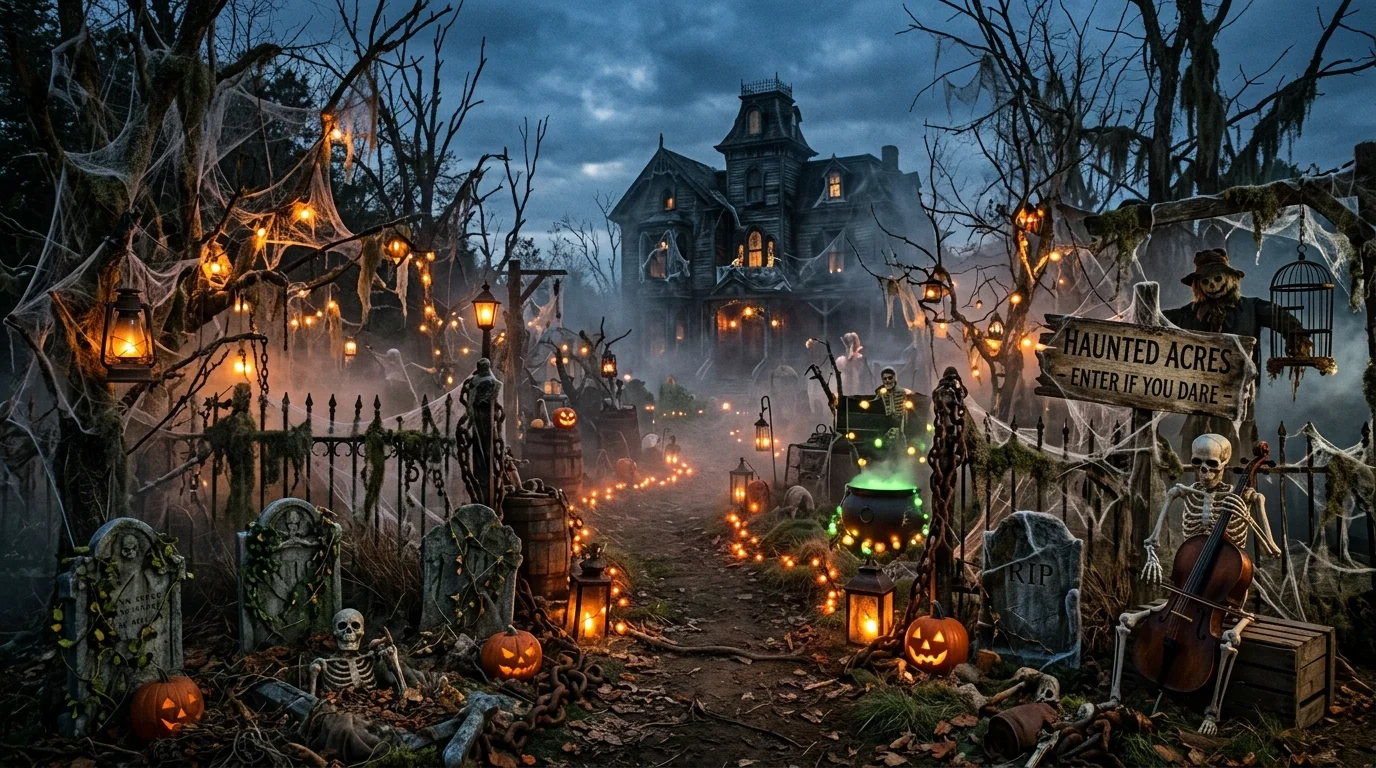 A haunted yard with layered textures including fog webs lights and props creating a fully immersive spooky scene no people