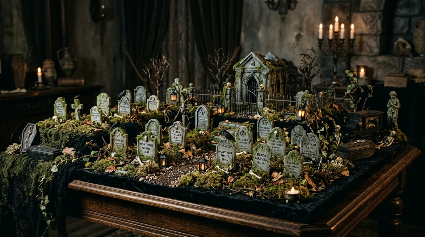 A table styled with a haunted graveyard theme featuring mini tombstones moss and dark decor soft dim lighting creepy atmospheric display no people
