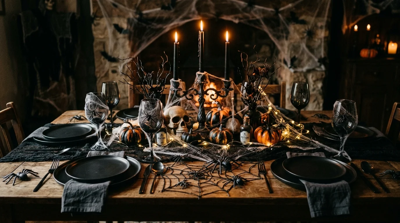 A Halloween table with a spiderweb runner black dishes and plastic spiders scattered across bright low lighting chilling festive look no people