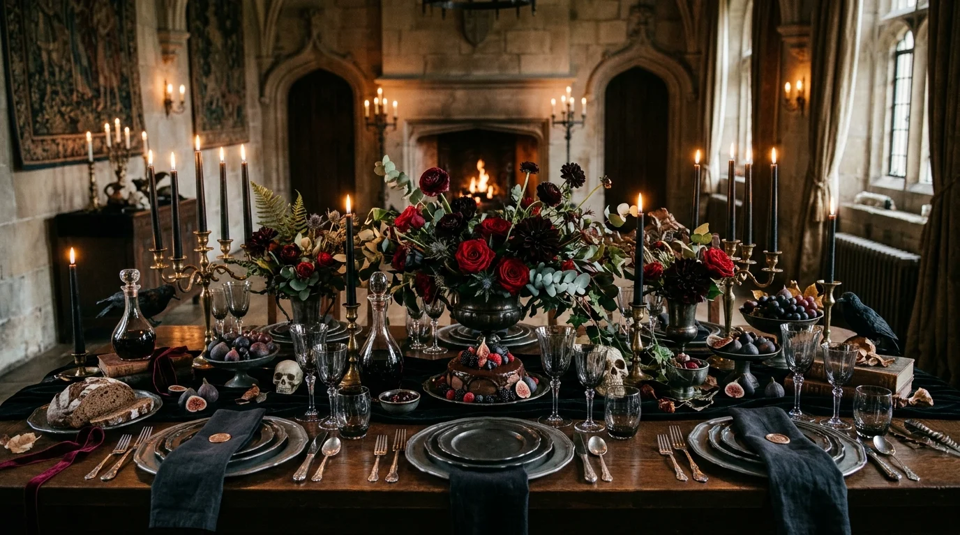 A gothic table setup with dark florals black candles and vintage glassware soft ambient lighting elegant spooky feast no people
