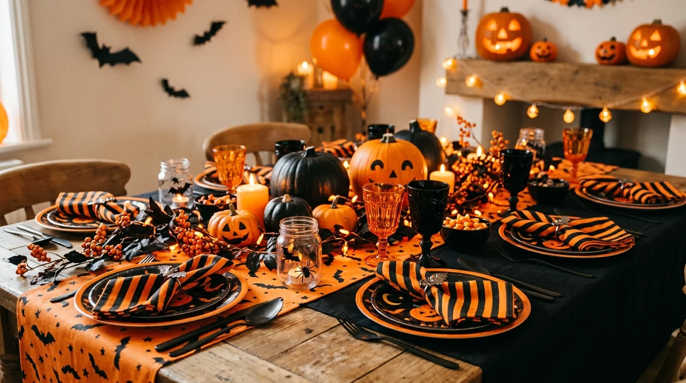 A bright orange and black themed table with pumpkins striped napkins and themed plates warm lighting playful Halloween party vibe no people