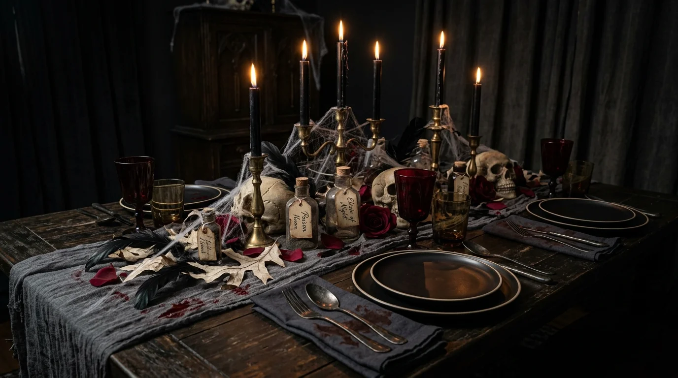 A horror themed table with fake blood splatters eerie props and dark tableware dim lighting intense frightening setup no people