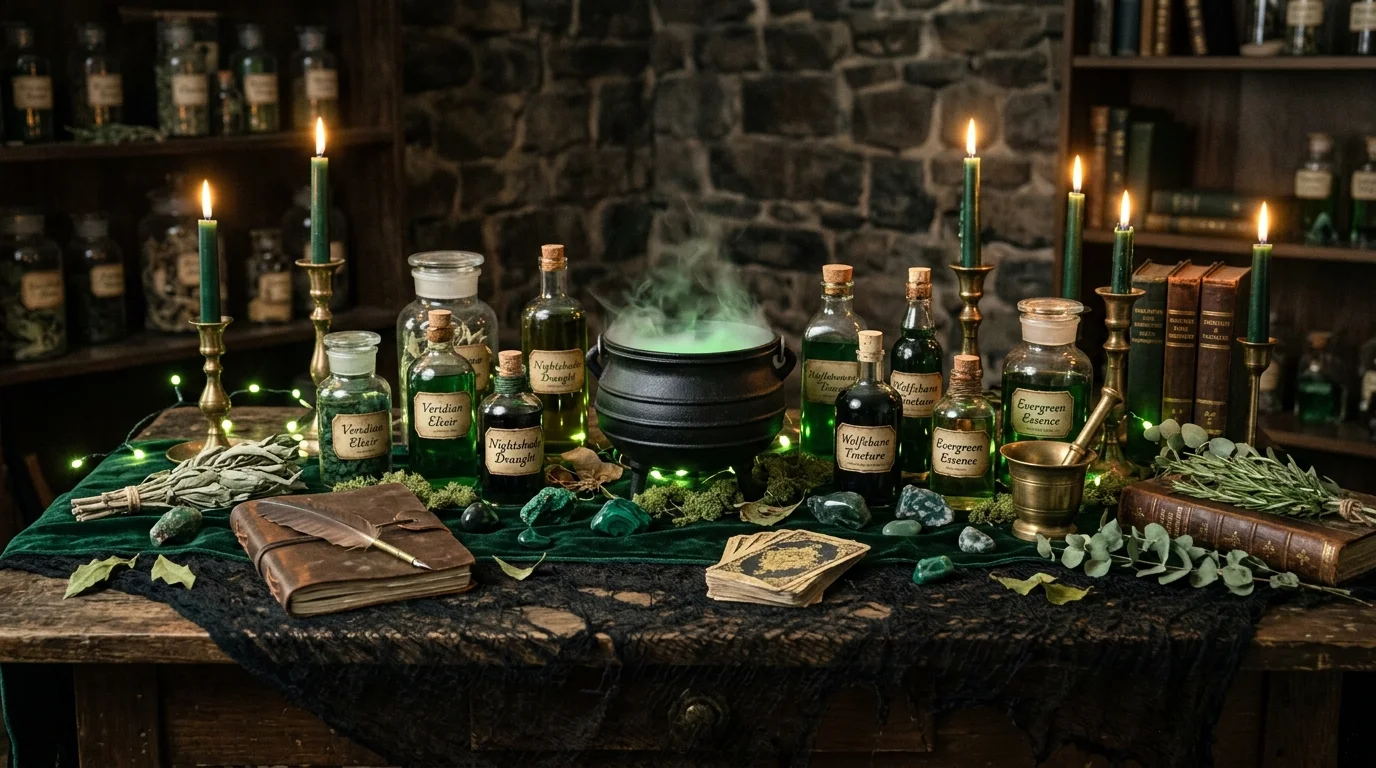 A witch themed table with cauldrons potion bottles and green accents soft lighting magical spooky atmosphere no people