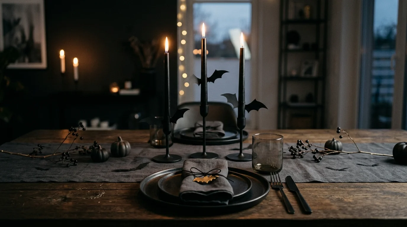 A minimalist Halloween table with subtle bat decorations black plates and candles soft lighting modern spooky aesthetic no people