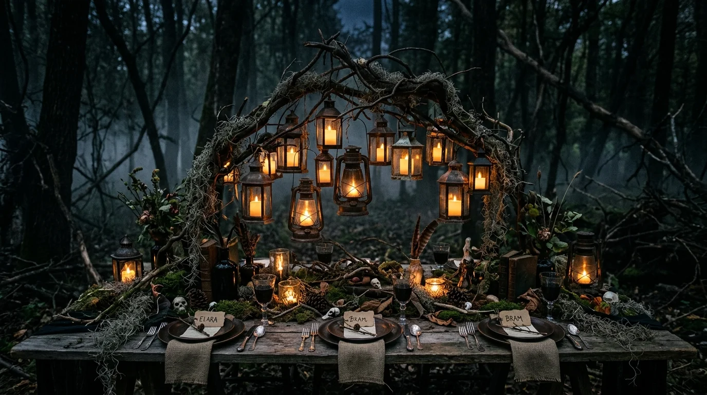 A haunted forest themed table with branches moss and lanterns soft dim lighting mysterious eerie setting no people