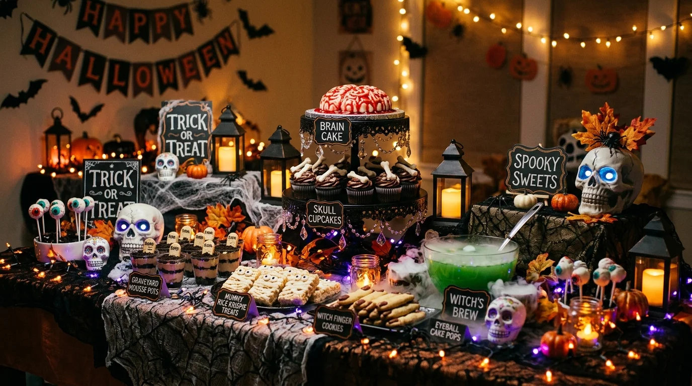 A Halloween buffet table with themed desserts skull decorations and glowing accents bright dimmed lighting festive party setup no people