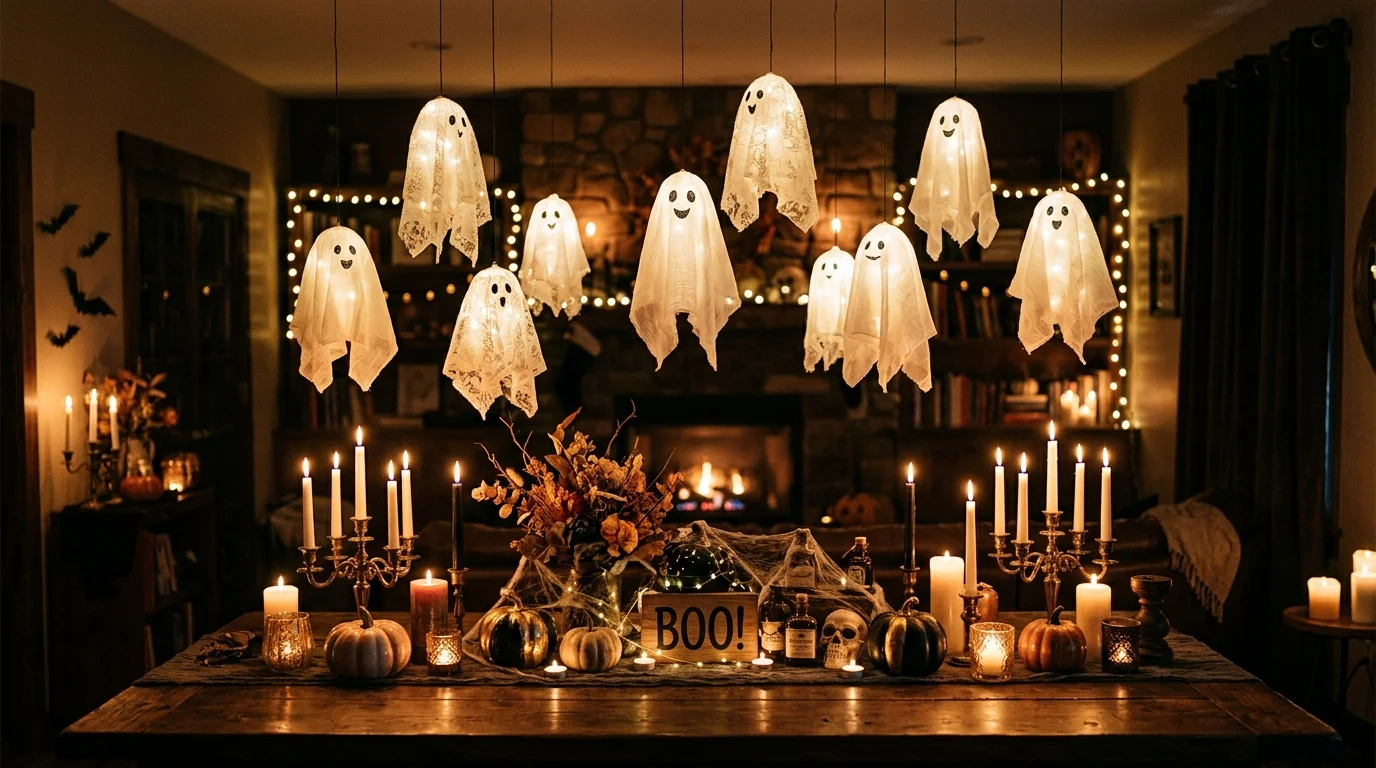 A table with floating ghost decorations above and candles below soft lighting whimsical spooky display no people