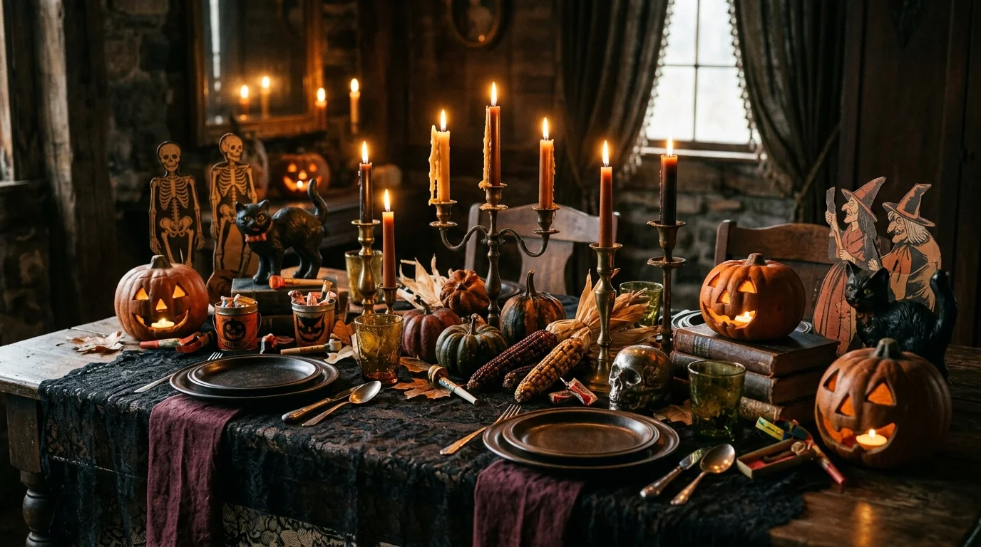 A vintage Halloween table with antique style decor dark tones and candles warm lighting nostalgic spooky charm no people