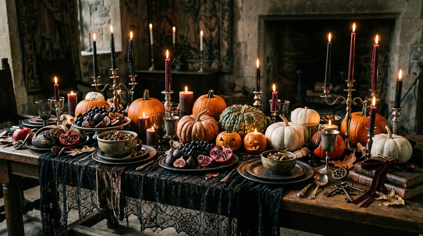 A dramatic table with layered textures including lace cloth candles and pumpkins dim lighting rich spooky feast atmosphere no people