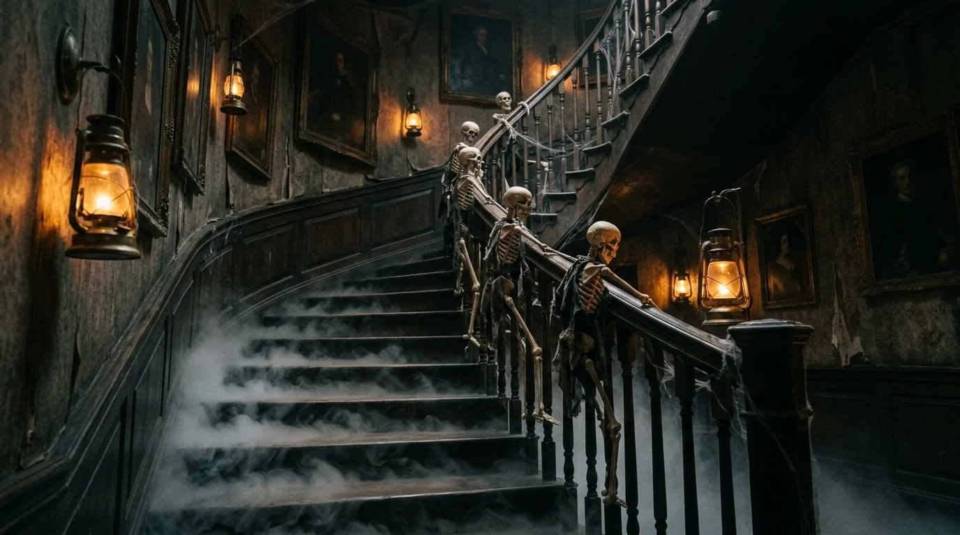 Creepy staircase decor with skeleton figures climbing the banister, dim lantern lighting, and eerie fog creeping along the steps no people