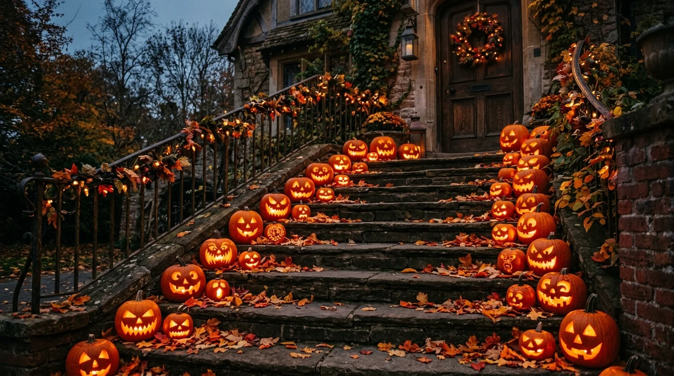 Pumpkin-lined staircase with carved jack-o’-lanterns on each step, warm flickering glow, and autumn leaves scattered for festive spooky charm no people