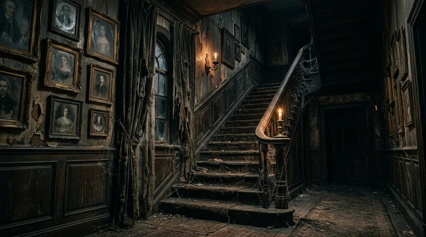 Haunted mansion staircase with torn curtains, antique frames on wall, flickering candlelight, and dusty textures for eerie vintage horror vibe no people
