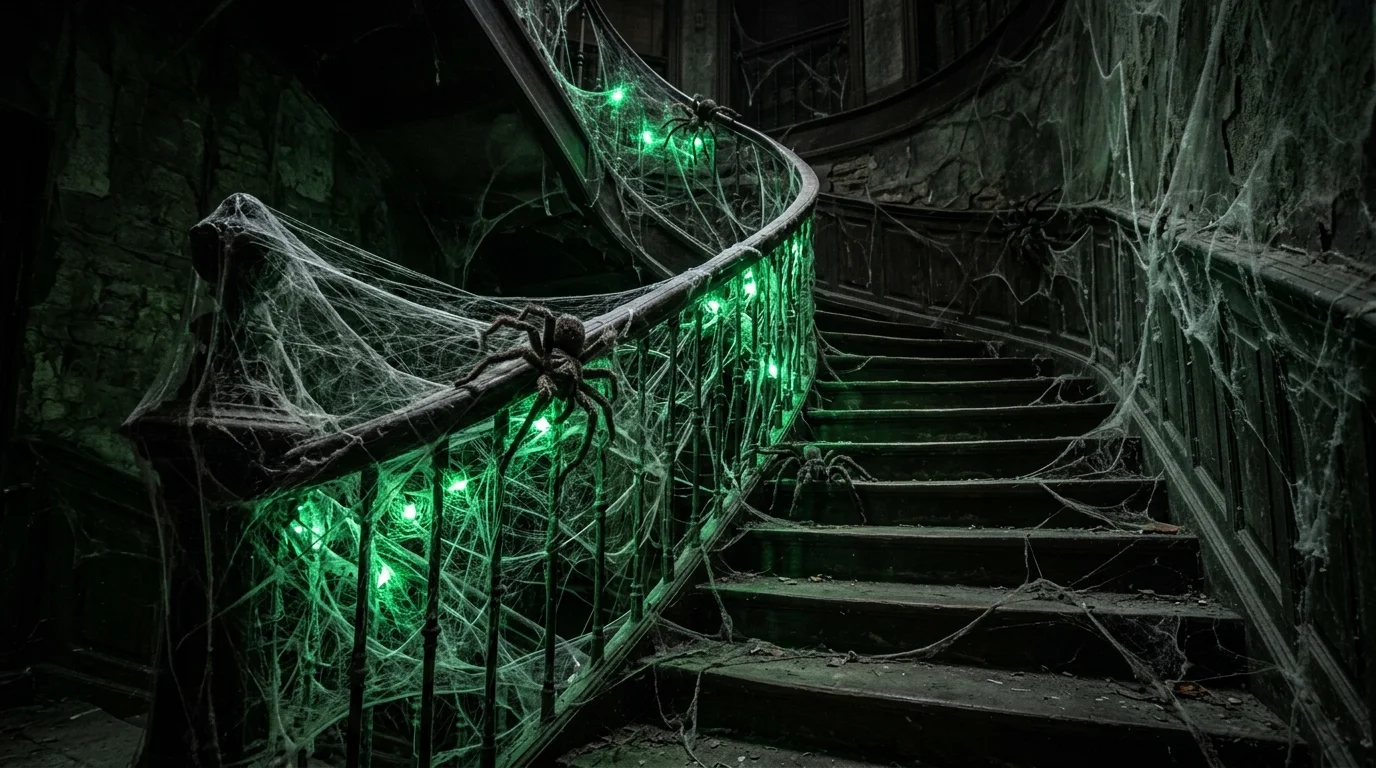 Spider-themed staircase with oversized webs stretched across railing, giant spiders, and green glowing lights for creepy crawling effect no people