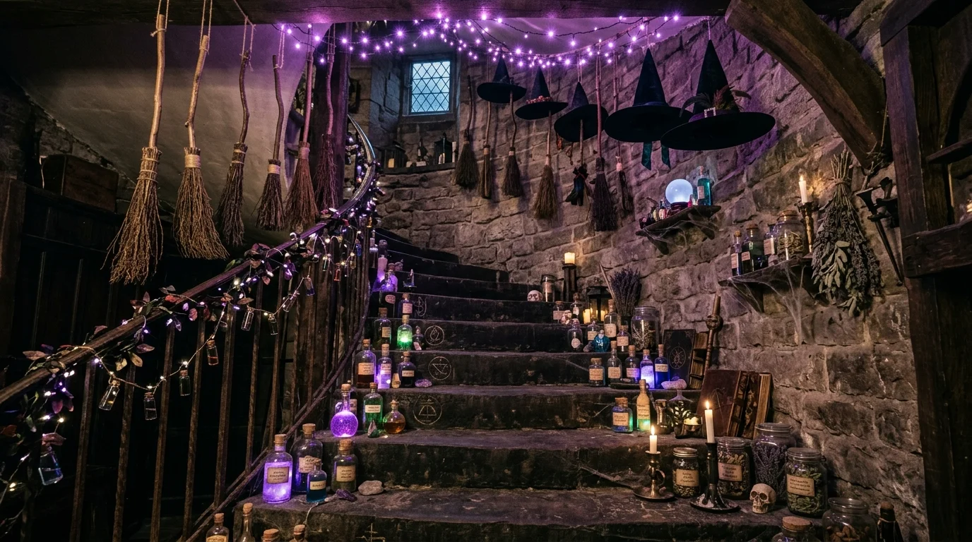 Witch-inspired staircase with hanging broomsticks, black hats, purple lights, and mystical potion props along steps for magical spooky atmosphere no people