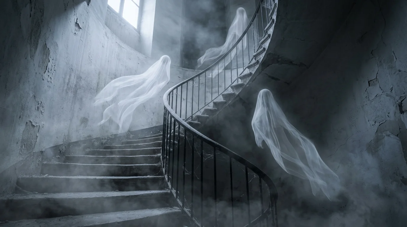 Ghostly staircase with floating sheer fabric ghosts, soft white lighting, and mist effects creating chilling supernatural ascent no people