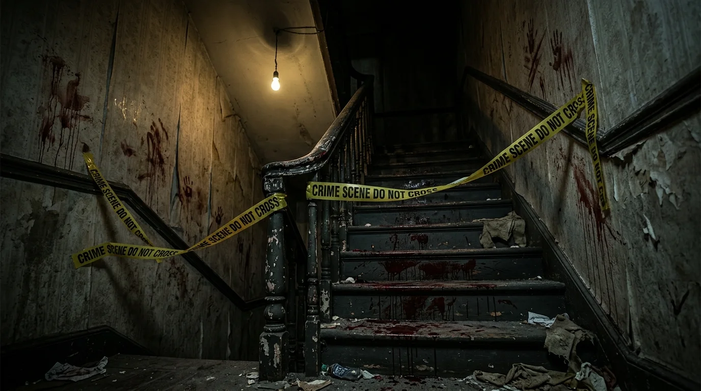 Bloody horror staircase with red splatter effects, warning tape accents, and dim lighting for intense haunted house look no people