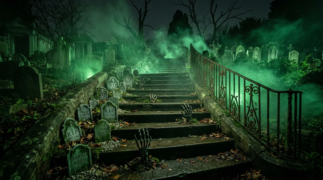 Graveyard staircase decor with mini tombstones, skeletal hands emerging from steps, and green fog lighting for eerie cemetery vibe no people
