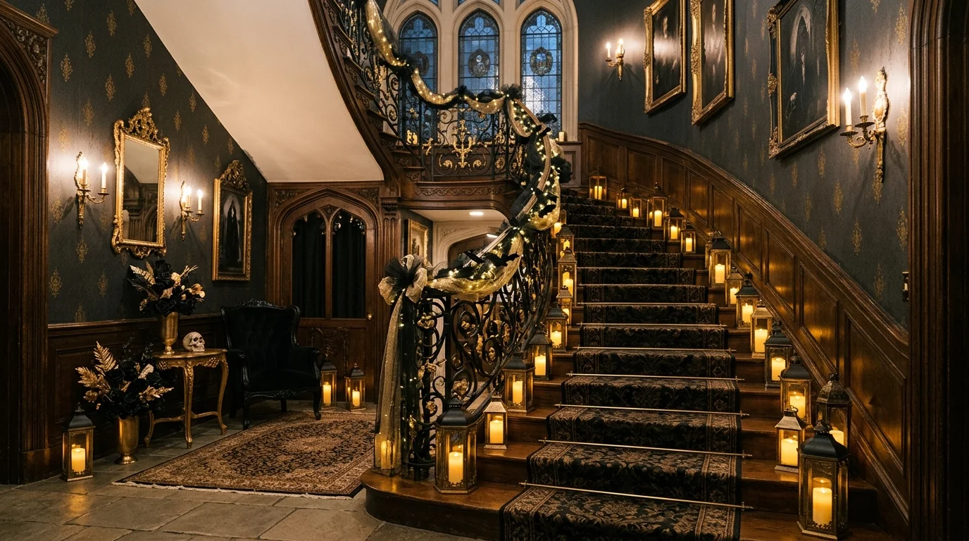 Elegant spooky staircase with black and gold decor, candle lanterns, and subtle bat accents for classy Halloween ambiance no people