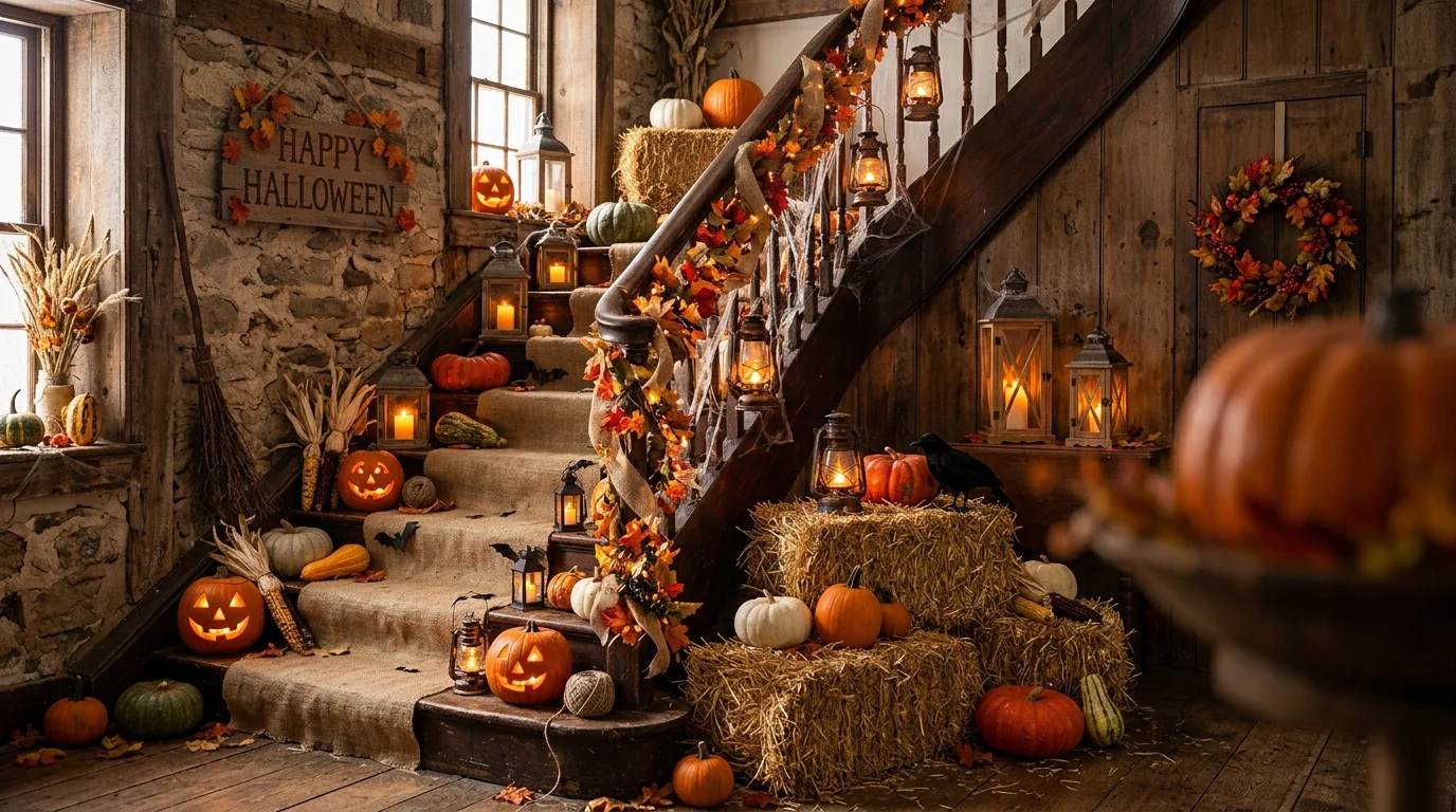 Rustic Halloween staircase with hay bales, pumpkins, burlap accents, and lanterns blending autumn harvest with spooky charm no people