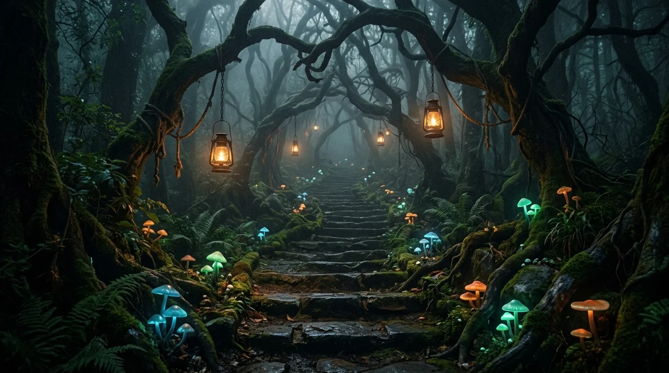 Enchanted dark forest staircase with twisted branches, glowing mushrooms, hanging lanterns, and fog creating mystical haunting pathway no people