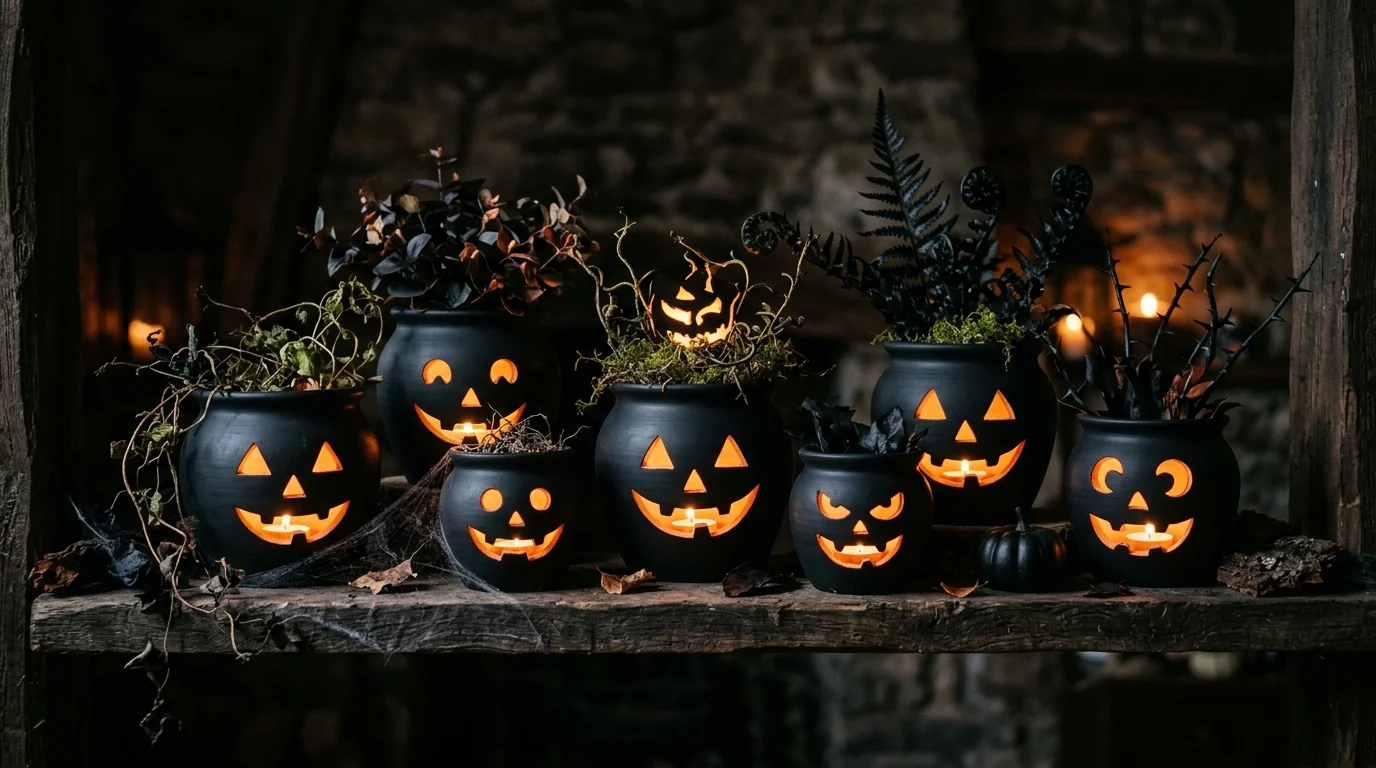 A collection of pots painted in matte black with glowing jack o lantern faces illuminated from inside warm dim lighting eerie plant decor no people