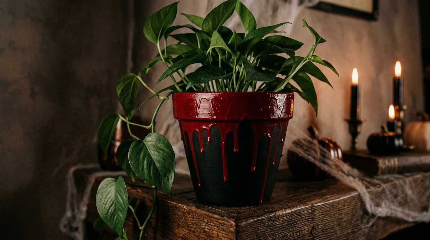 A pot painted with a dripping blood effect in red over black holding a leafy plant soft moody lighting dramatic Halloween styling no people