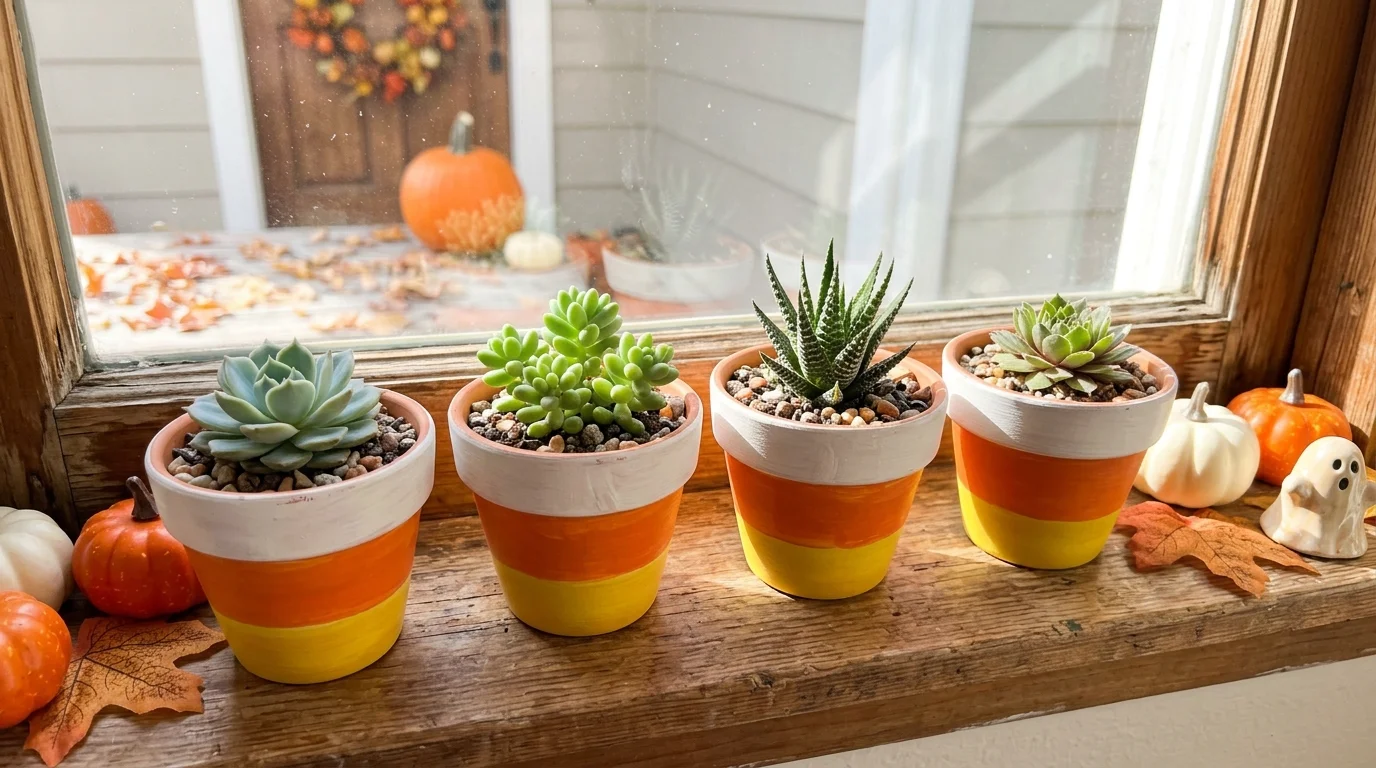 A set of small pots painted as candy corn with orange yellow and white stripes holding succulents bright daylight playful spooky decor no people