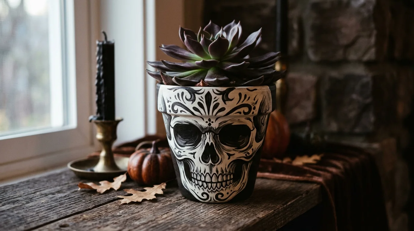 A pot painted with a skull face in black and white with detailed features holding a plant soft lighting gothic Halloween aesthetic no people