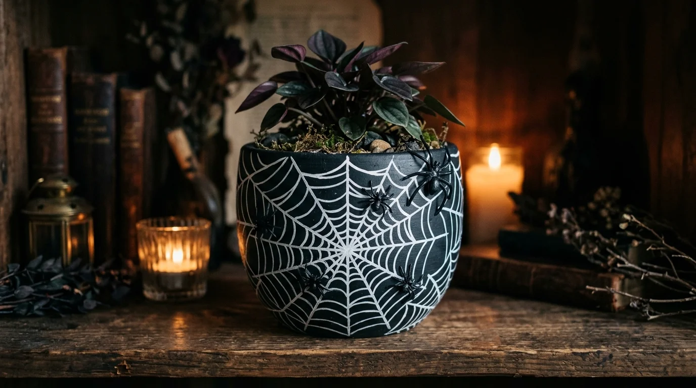A planter painted with a spiderweb pattern in white over a dark base with small faux spiders attached soft dim lighting classic spooky vibe no people