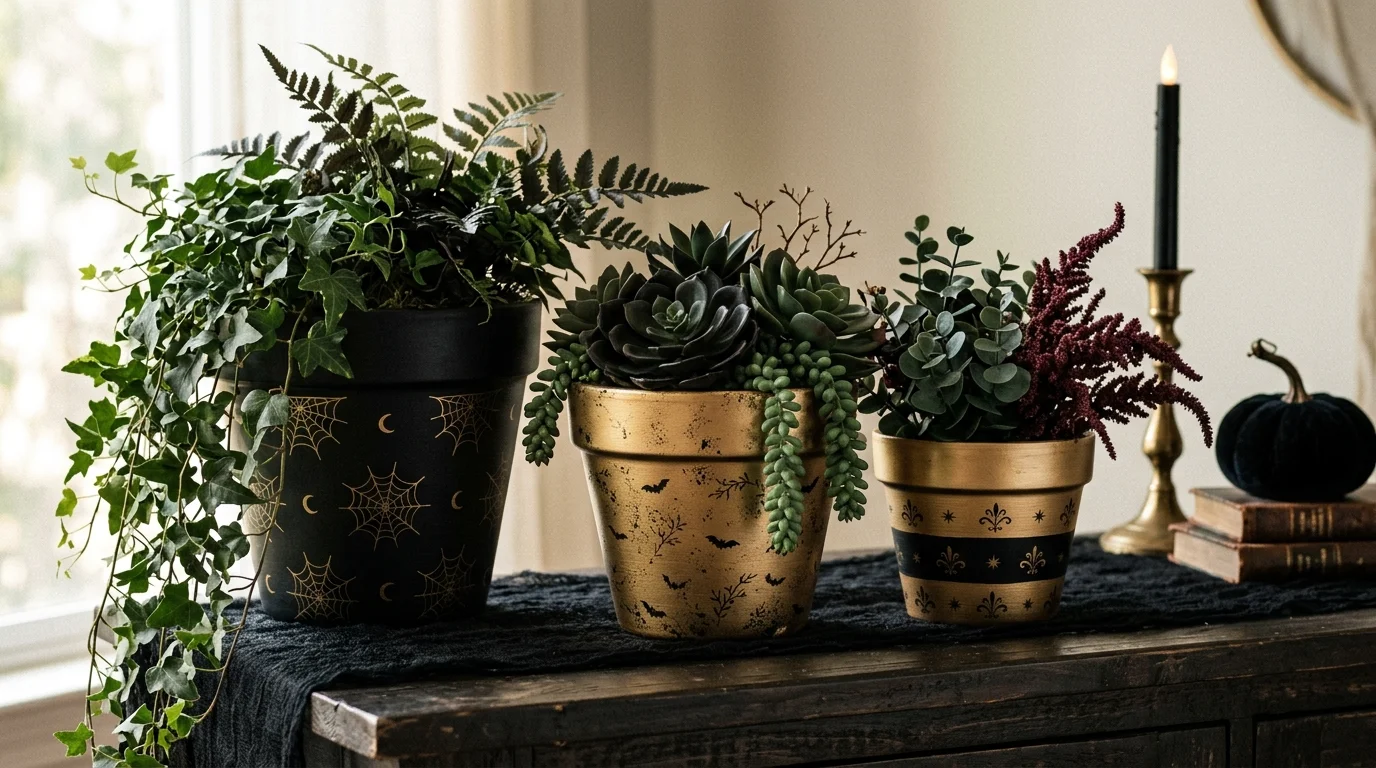 A set of pots painted in metallic gold and black with subtle Halloween patterns holding greenery soft lighting elegant spooky decor no people