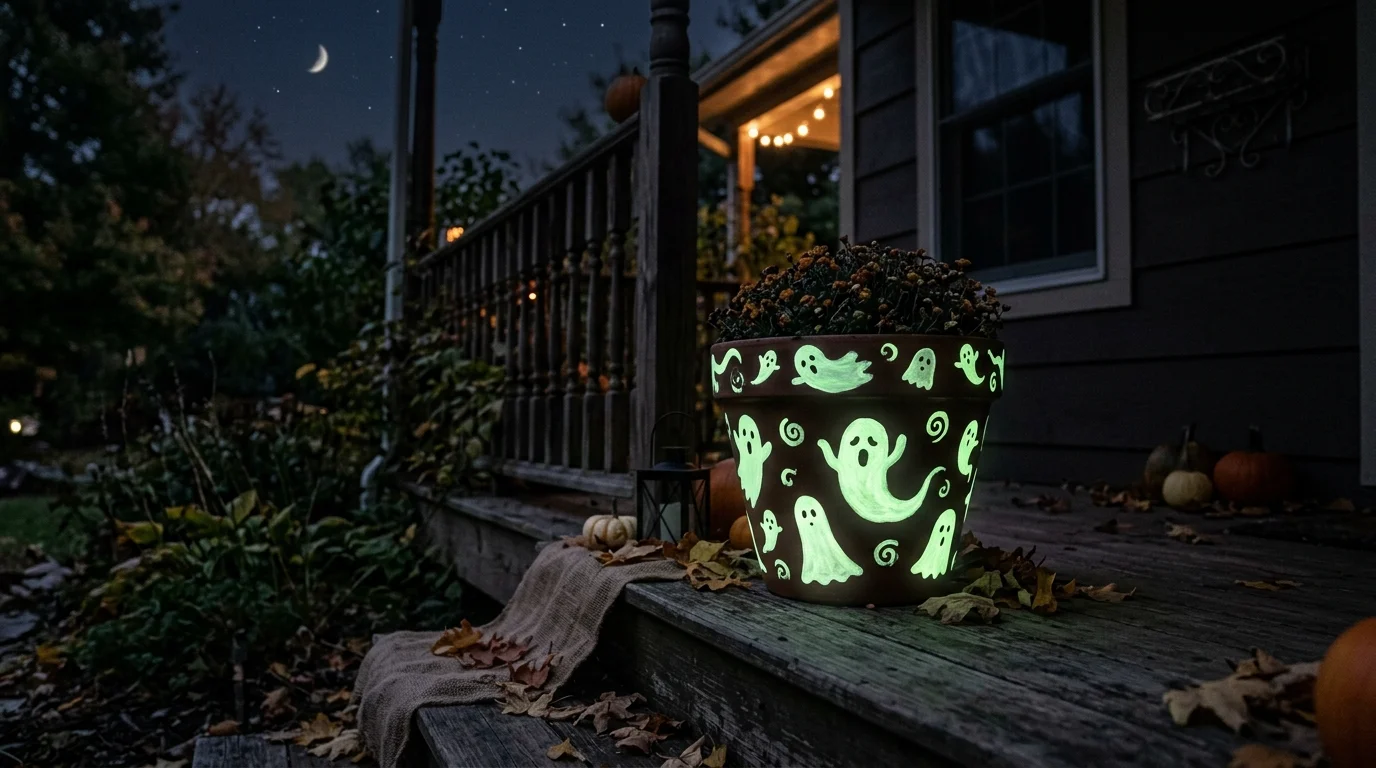 A pot decorated with glow in the dark paint forming ghost shapes placed on a porch glowing softly at night dim lighting magical Halloween effect no people
