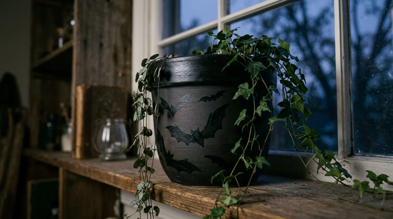 A planter painted with bat silhouettes flying across a dark background holding a trailing plant soft evening lighting eerie artistic display no people