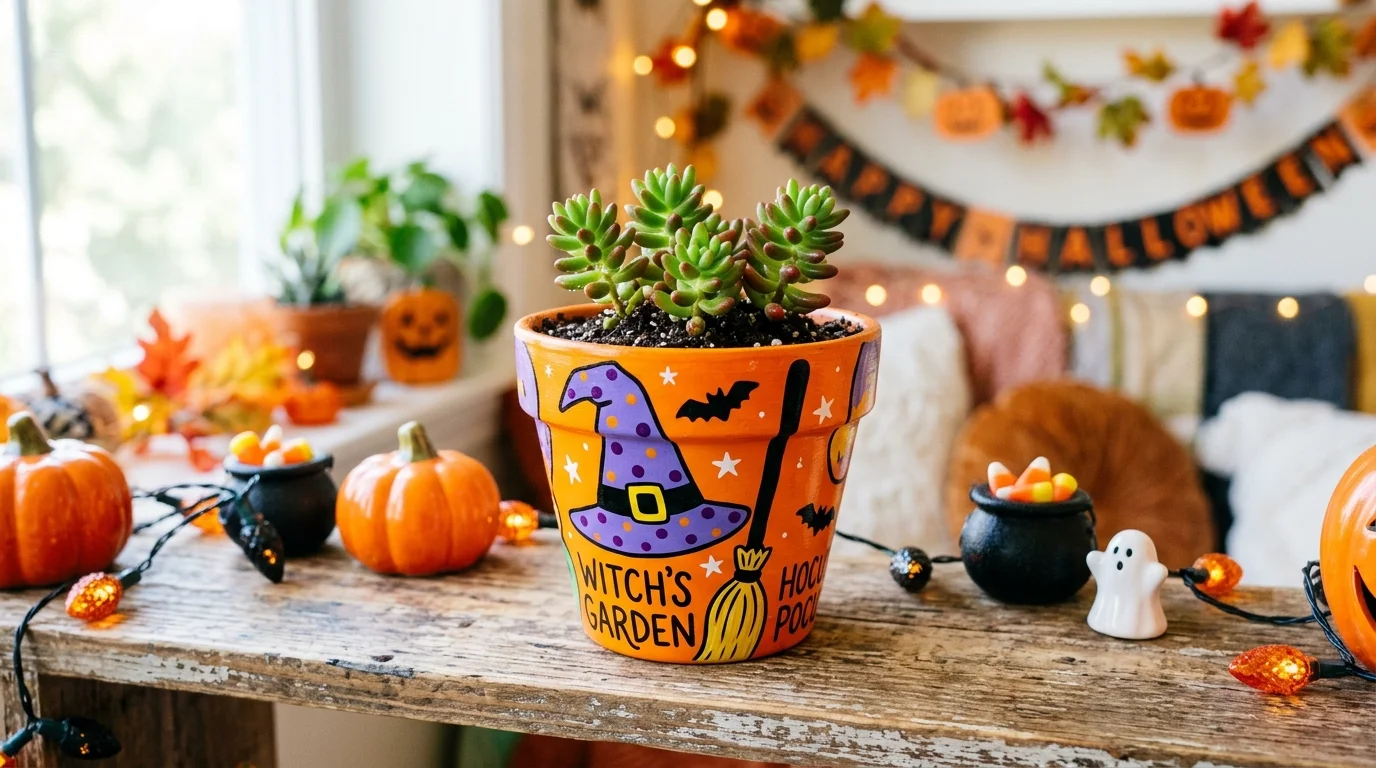 A pot painted with a witch hat and broom design in bold colors holding a small plant bright lighting fun festive Halloween decor no people