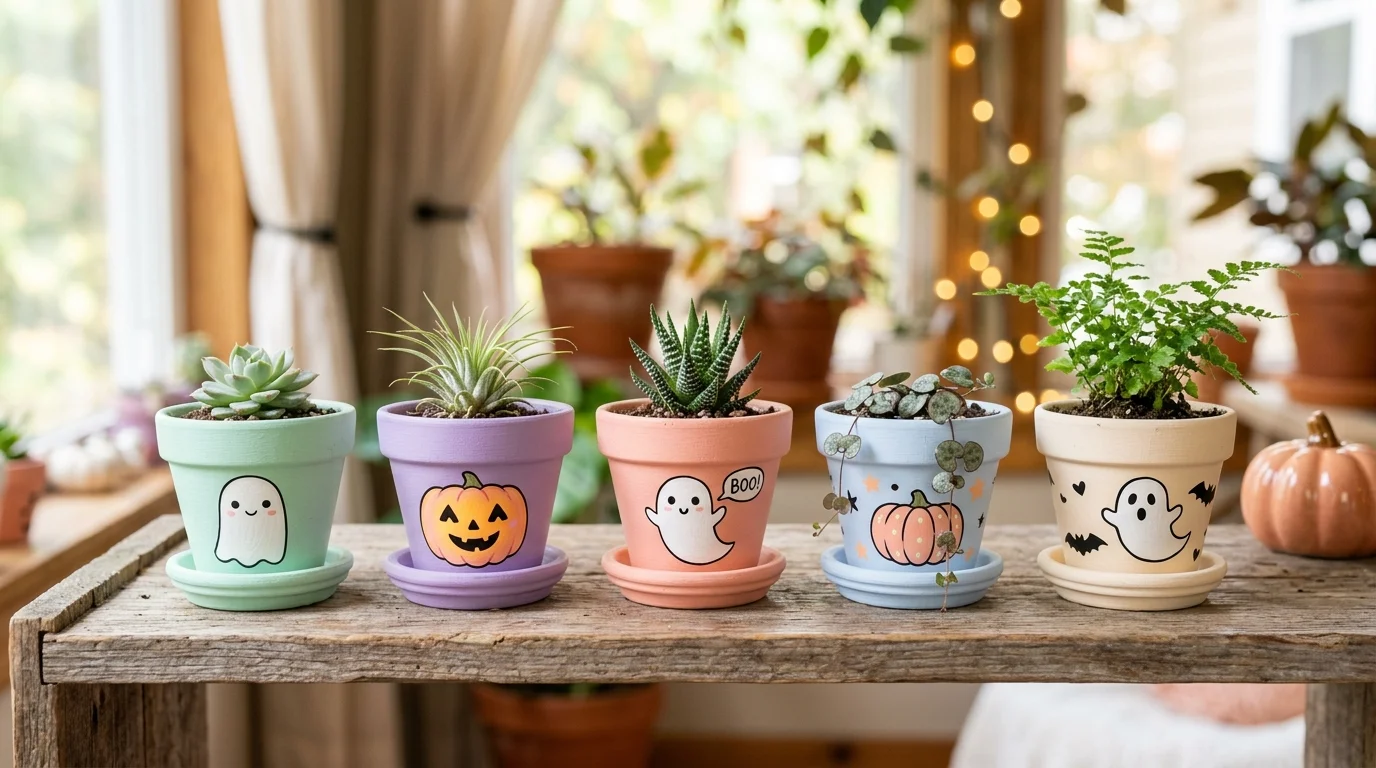 A set of pots painted in pastel spooky tones with cute ghost and pumpkin faces holding small plants bright lighting whimsical Halloween style no people