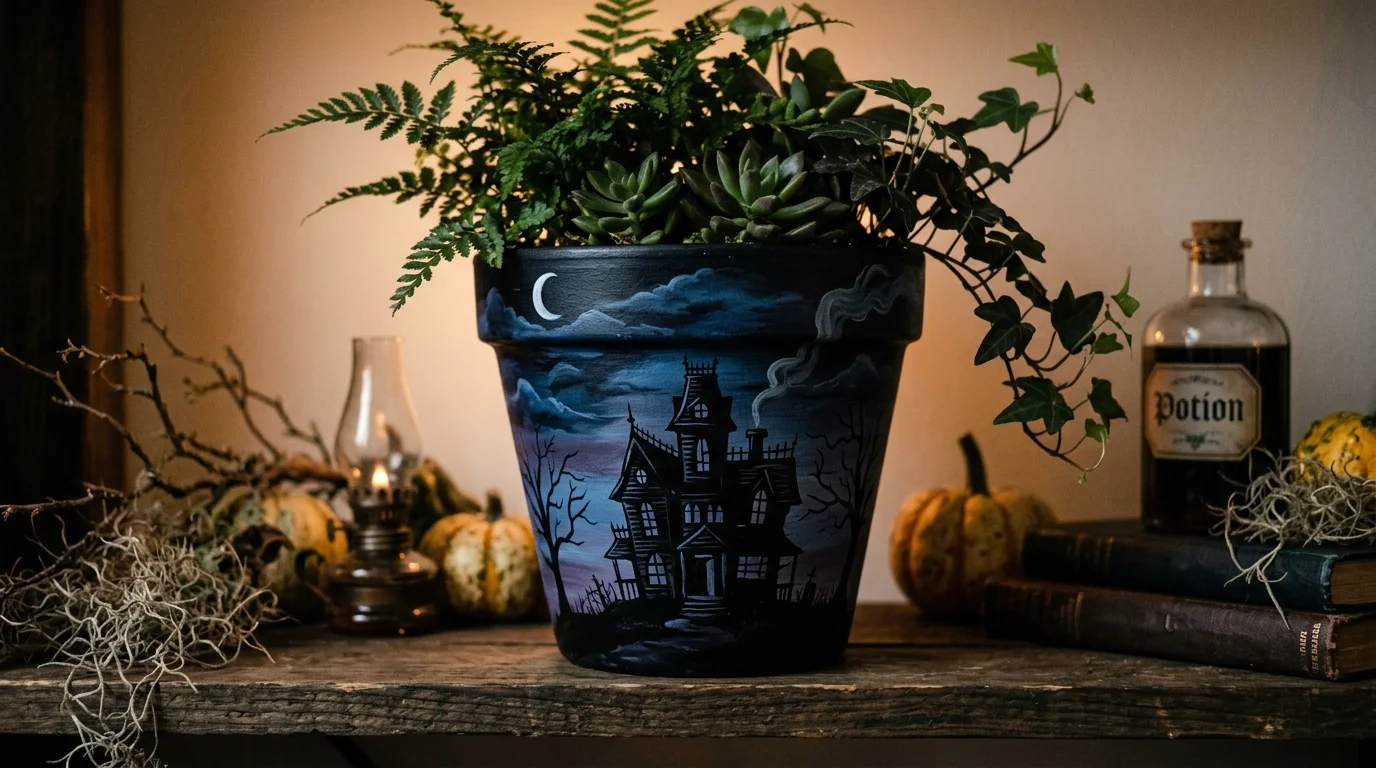 A pot painted with a haunted house silhouette against a night sky holding greenery soft dim lighting spooky creative decor no people