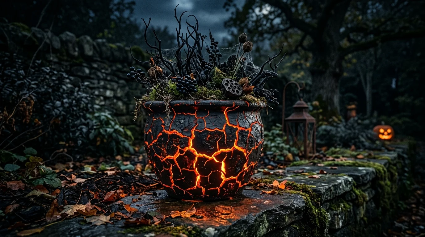 A planter with a cracked paint effect revealing glowing orange beneath creating a lava like spooky look soft lighting dramatic Halloween design no people