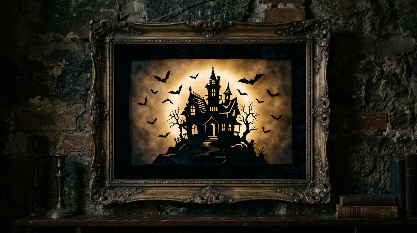 An upcycled frame with a dark velvet backing displaying a silhouette of a haunted house with bats flying around soft backlighting eerie elegant effect no people